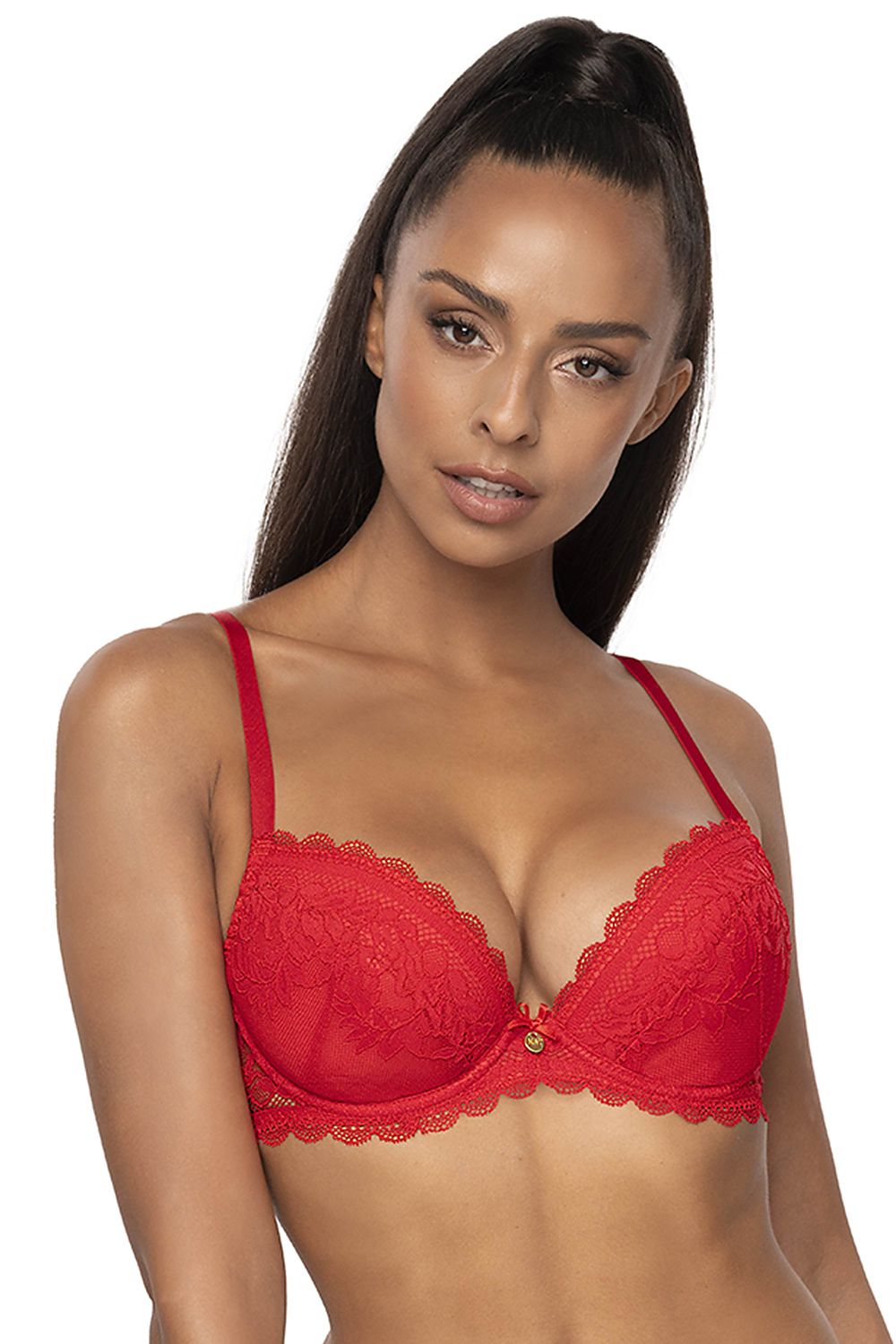 Femme de face en soutien-gorge rouge avec armature push up en dentelle idéal pour la saint valentin