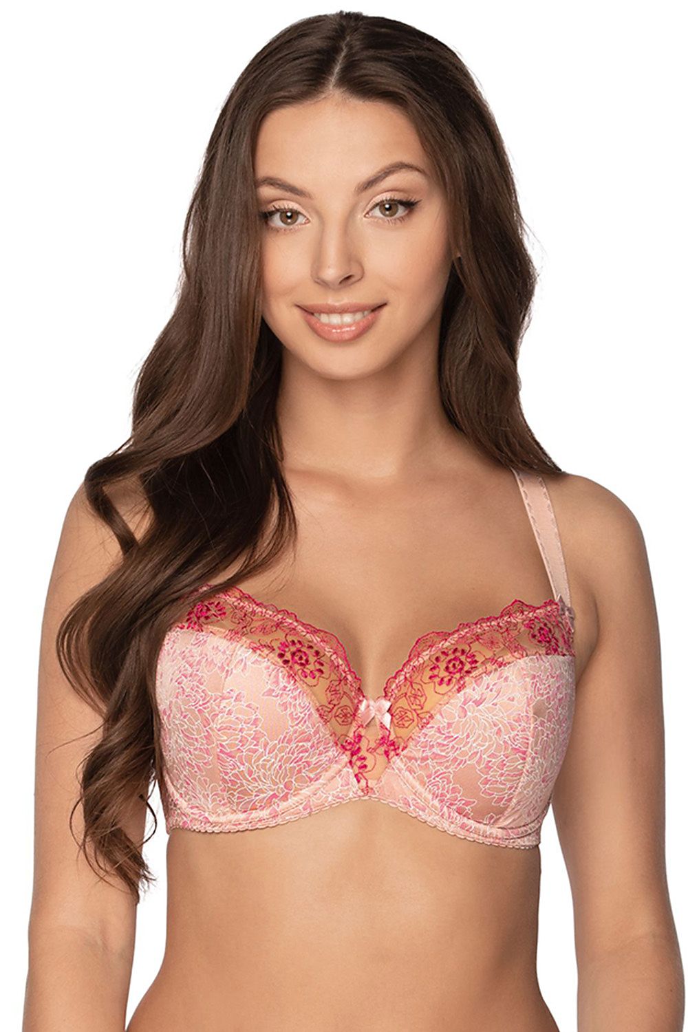 Soutien-gorge corbeille brodé en dentelle avec armatures en rose, design élégant et confortable pour un look féminin et raffiné.
