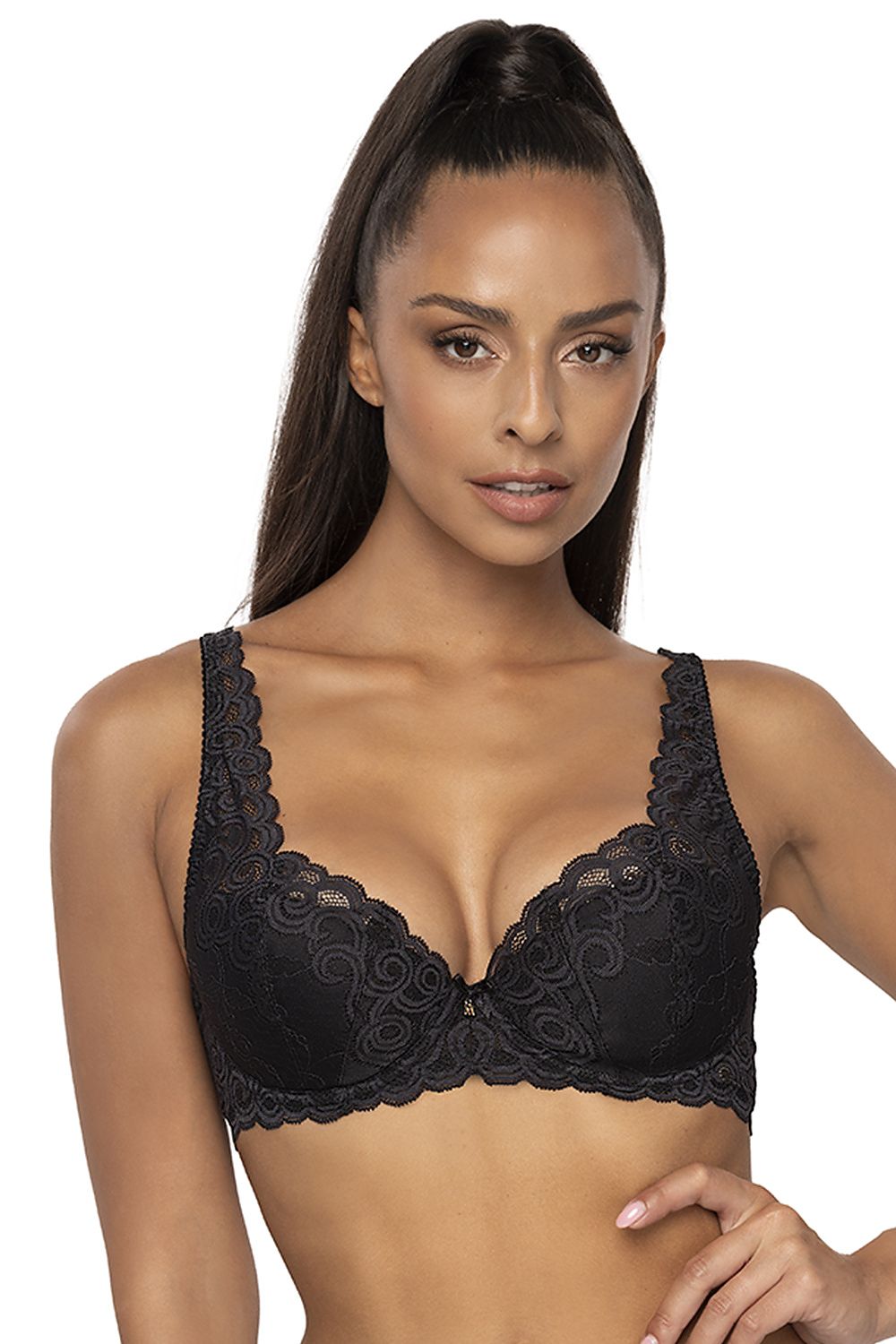 Soutien-gorge balconnet en dentelle noire ajustable, design élégant avec bretelles fines et confortable pour un maintien quotidien.