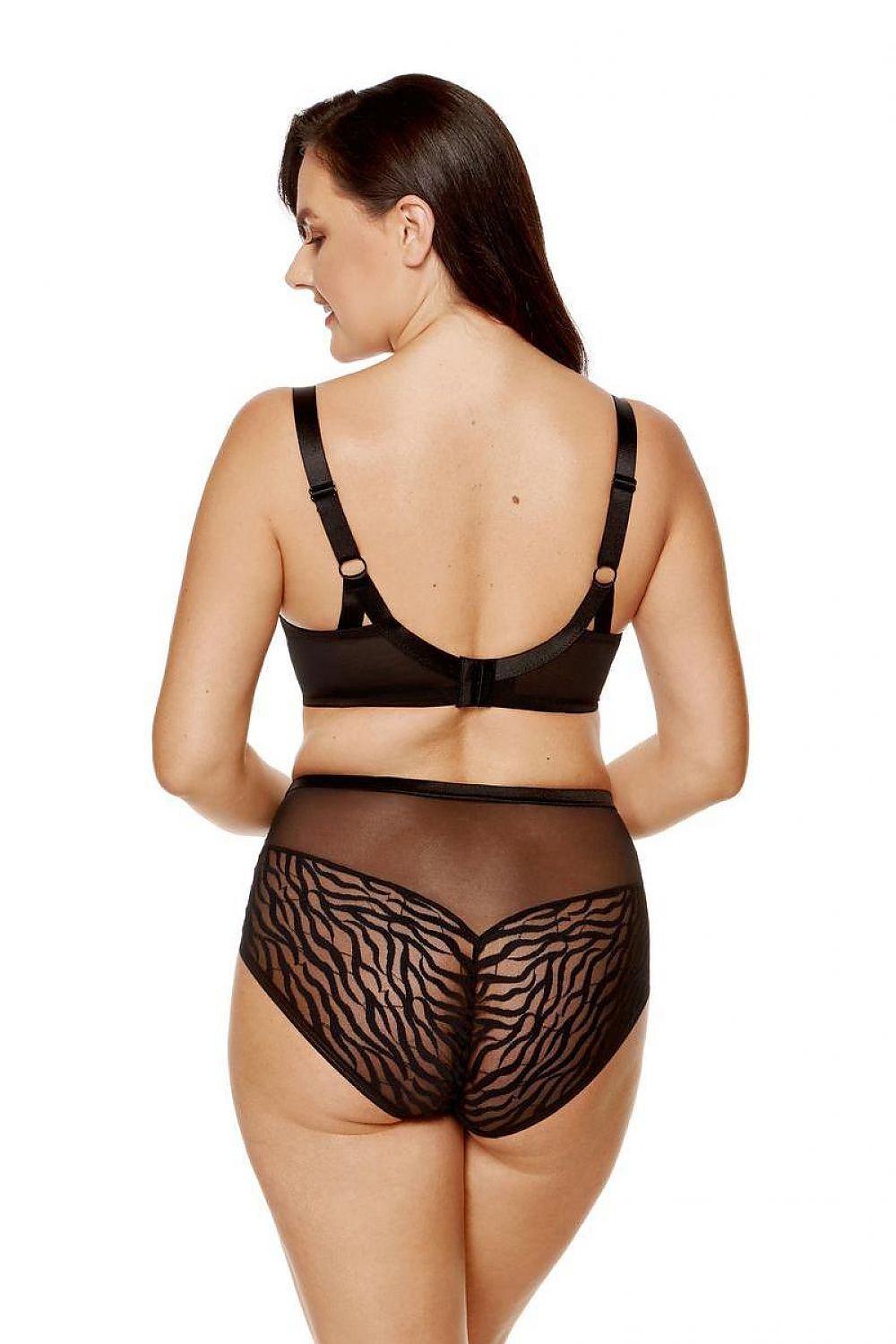 Soutien-gorge sans armature noir avec détail dentelle motif zèbre, design confortable et élégant.