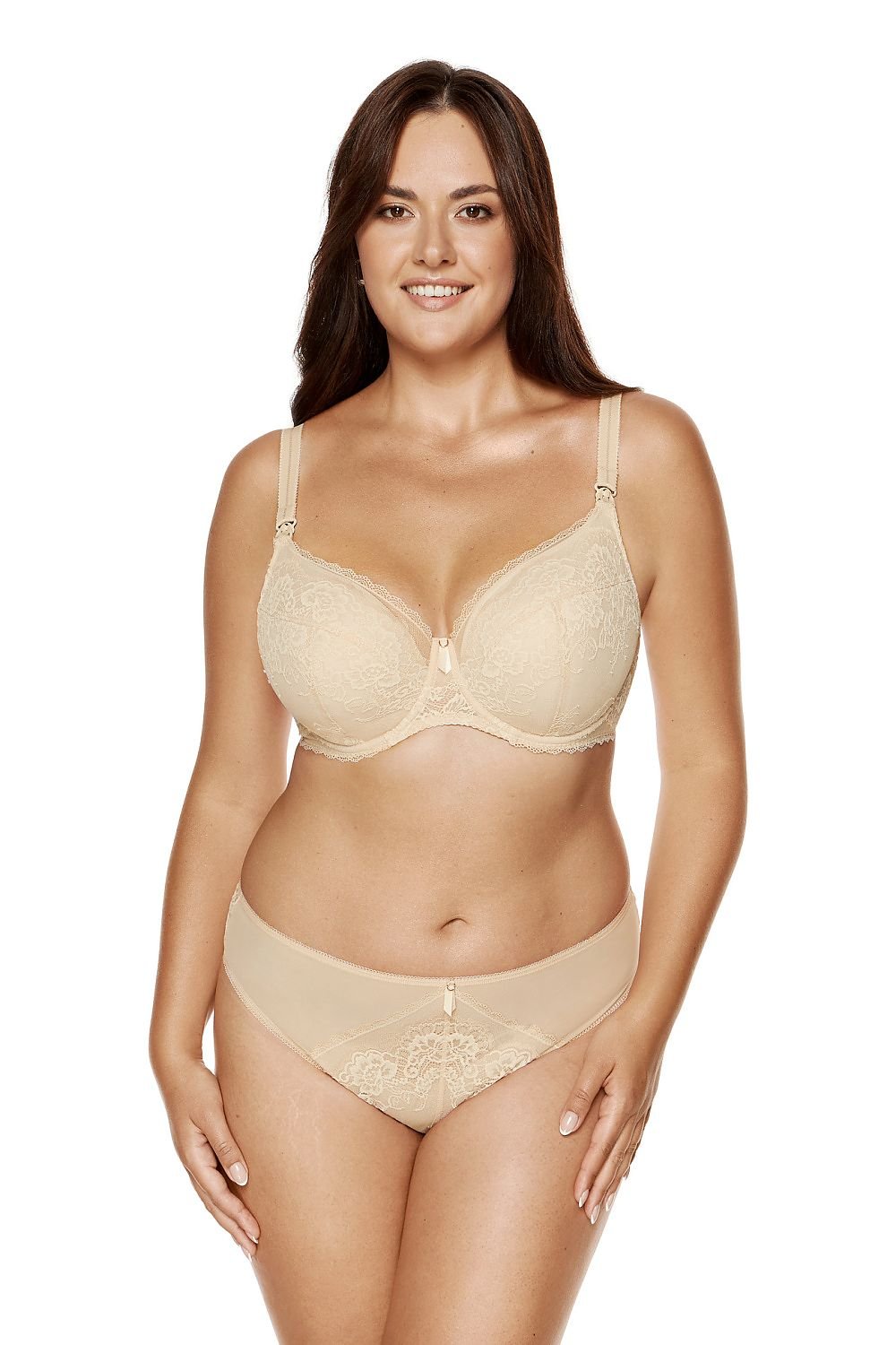 Soutien-gorge d'allaitement beige grande taille avec armature et dentelle, bonnets détachables pour un allaitement pratique et élégante