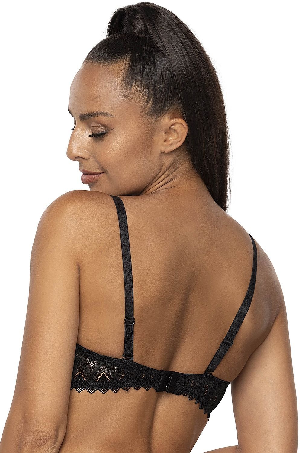 Soutien-gorge noir push up en dentelle style corbeille, doublé coton avec nœud central et fermeture à crochets