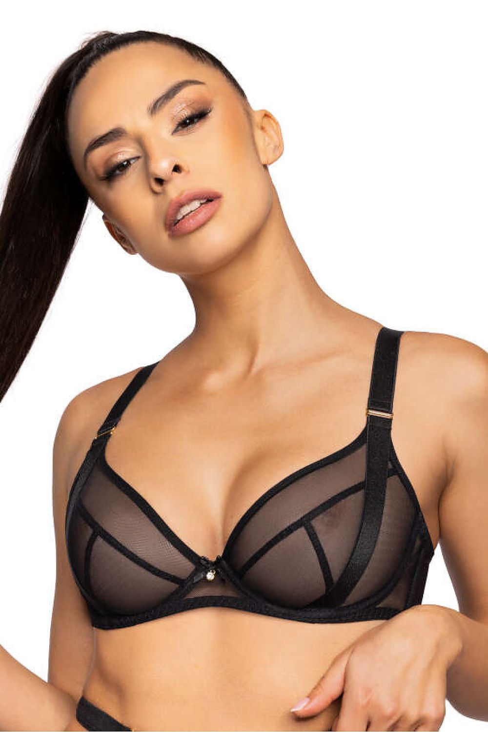 Soutien-gorge noir grande taille balconnet, design en trois parties avec bretelles réglables et nœud orné de zircone pour un style chic.