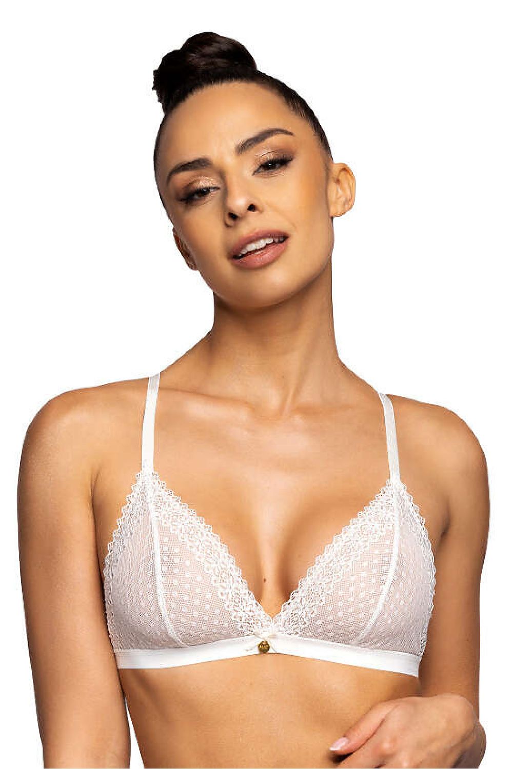 Soutien-gorge triangle sans armature blanc en dentelle avec bonnets décorés d’un nœud, offrant maintien léger et confort