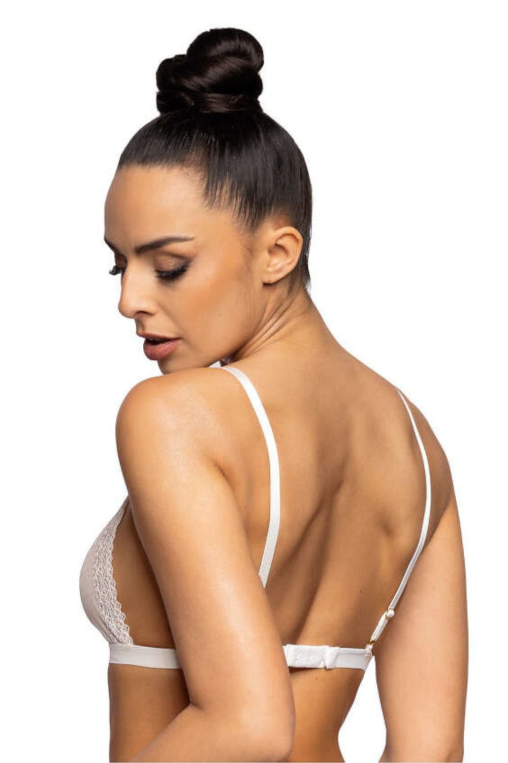 Soutien-gorge sans armature blanc style bralette en dentelle fine, avec bretelles réglables et bande élastique ajustable