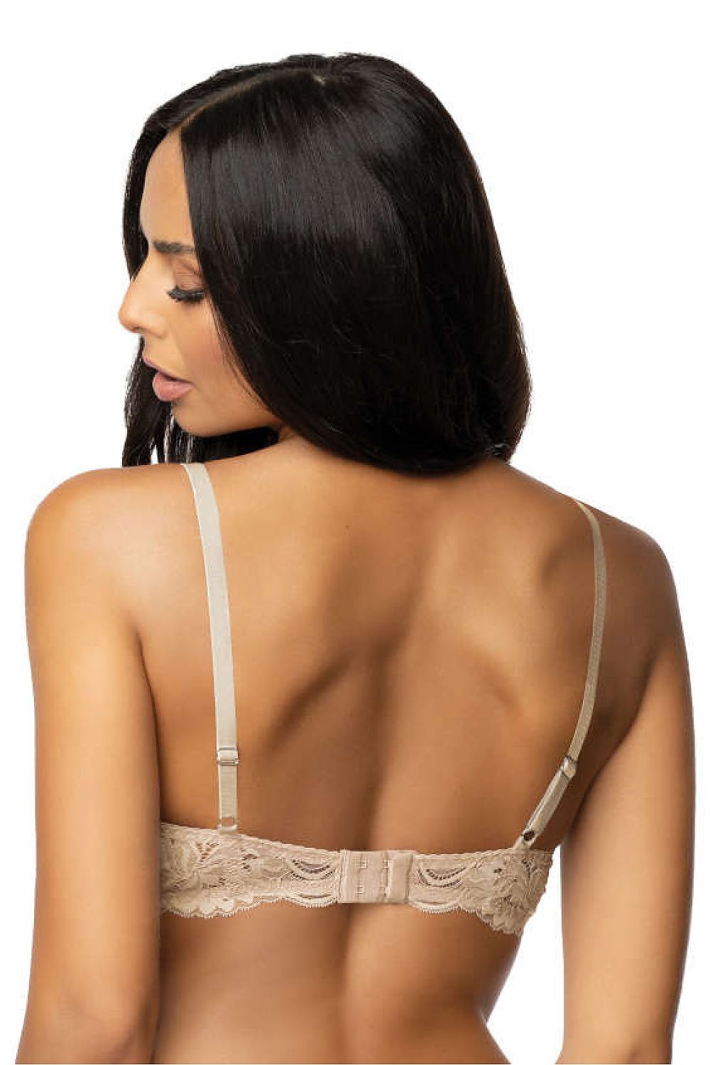 Soutien-gorge push-up en dentelle beige avec coussinets amovibles, bretelles réglables et fermeture ajustable pour un maintien parfait.