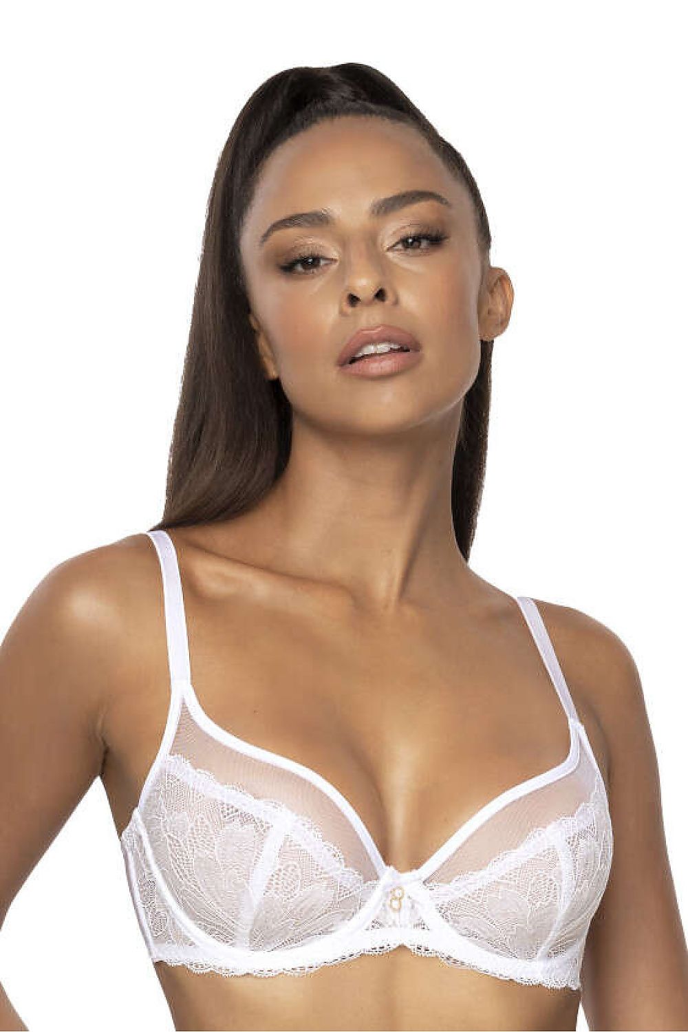 Soutien-gorge grande taille balconnet blanc avec armature, dentelle raffinée et maille transparente pour un style élégant et féminin.