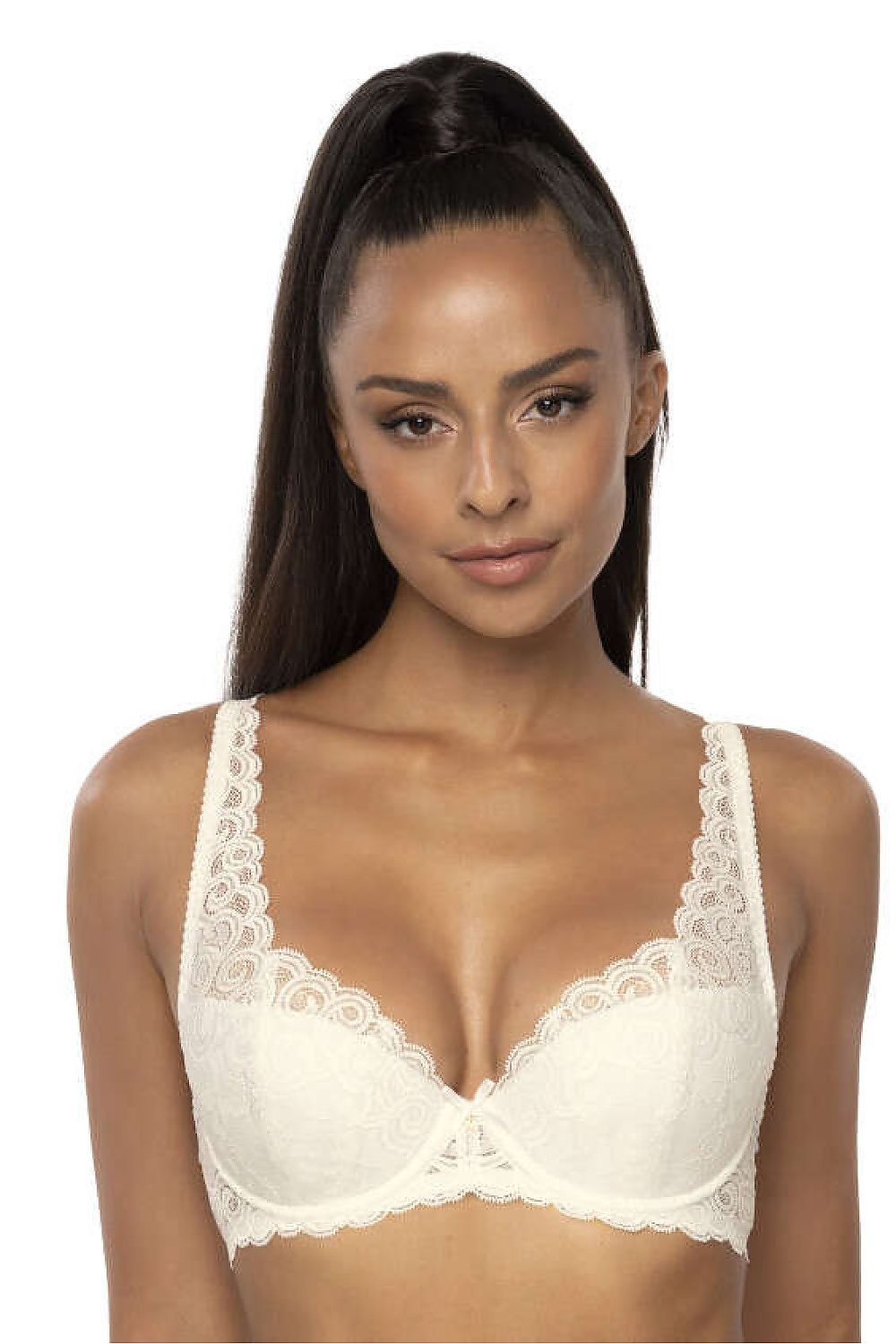 Soutien-gorge push up beige rembourré en dentelle avec armature, bonnets doublés coton et bretelles réglables pour un maintien élégant
