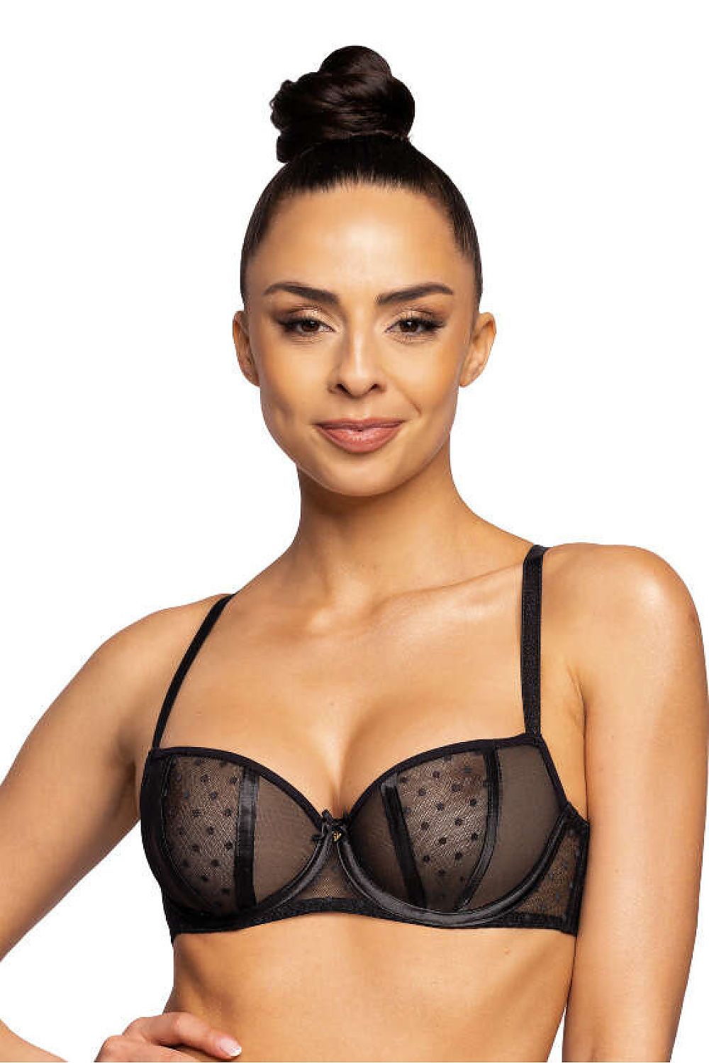 Soutien-gorge corbeille noir transparent push-up avec armature, bonnets en tulle orné de points pour un look raffiné.
