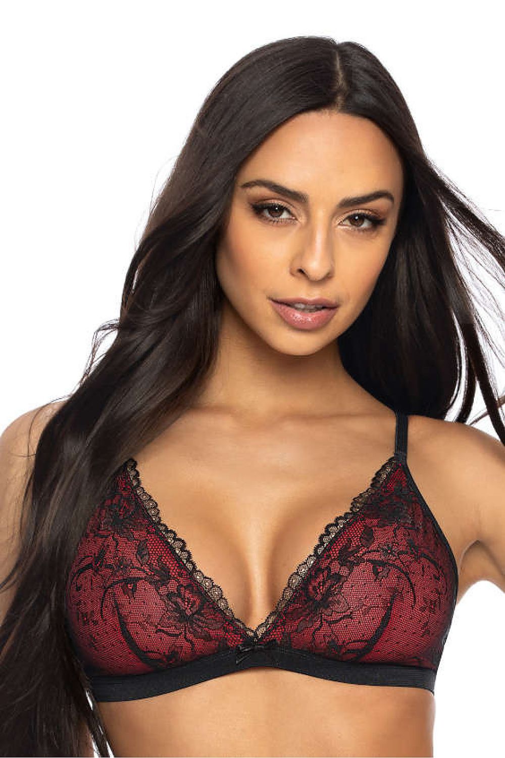 Soutien-gorge sans armature triangle noir en dentelle florale avec doublure en tulle bordeaux, bretelles réglables et nœud décoratif
