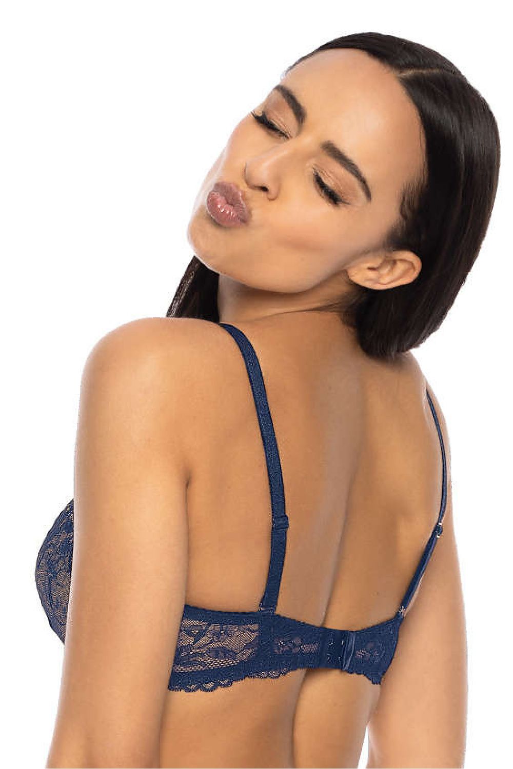 Soutien-gorge push-up en dentelle bleu marine, bretelles réglables et amovibles, offrant un maintien optimal et un style élégant.