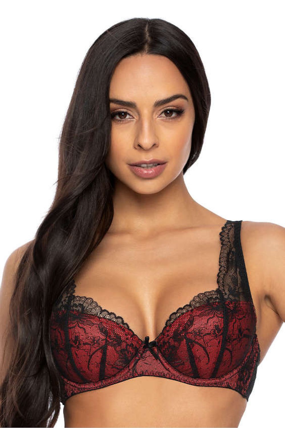 Soutien-gorge corbeille bordeaux et noir en dentelle avec armature, bonnets rembourrés rouge et bretelles montantes pour un maintien élégant