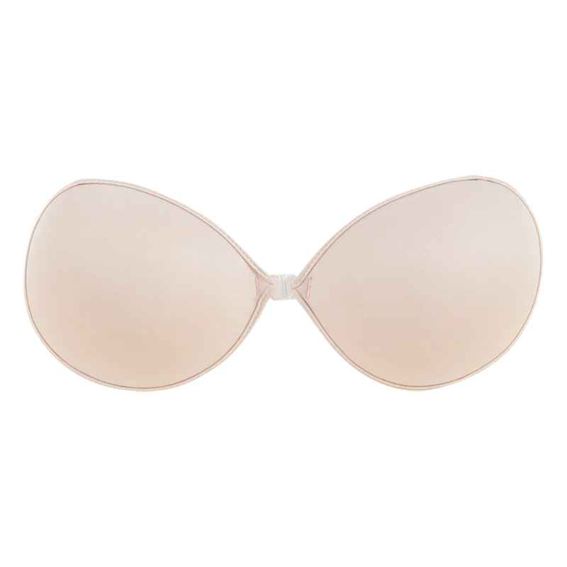 Soutien-gorge beige invisible sans bretelles push-up adhésif dos nu pour un look épuré et confortable.