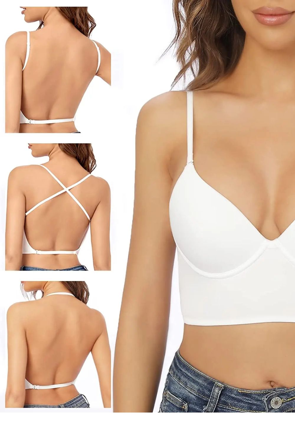 Soutien-gorge push up blanc sans armature invisible, style plongeant avec bretelles réglables pour un ajustement sur mesure