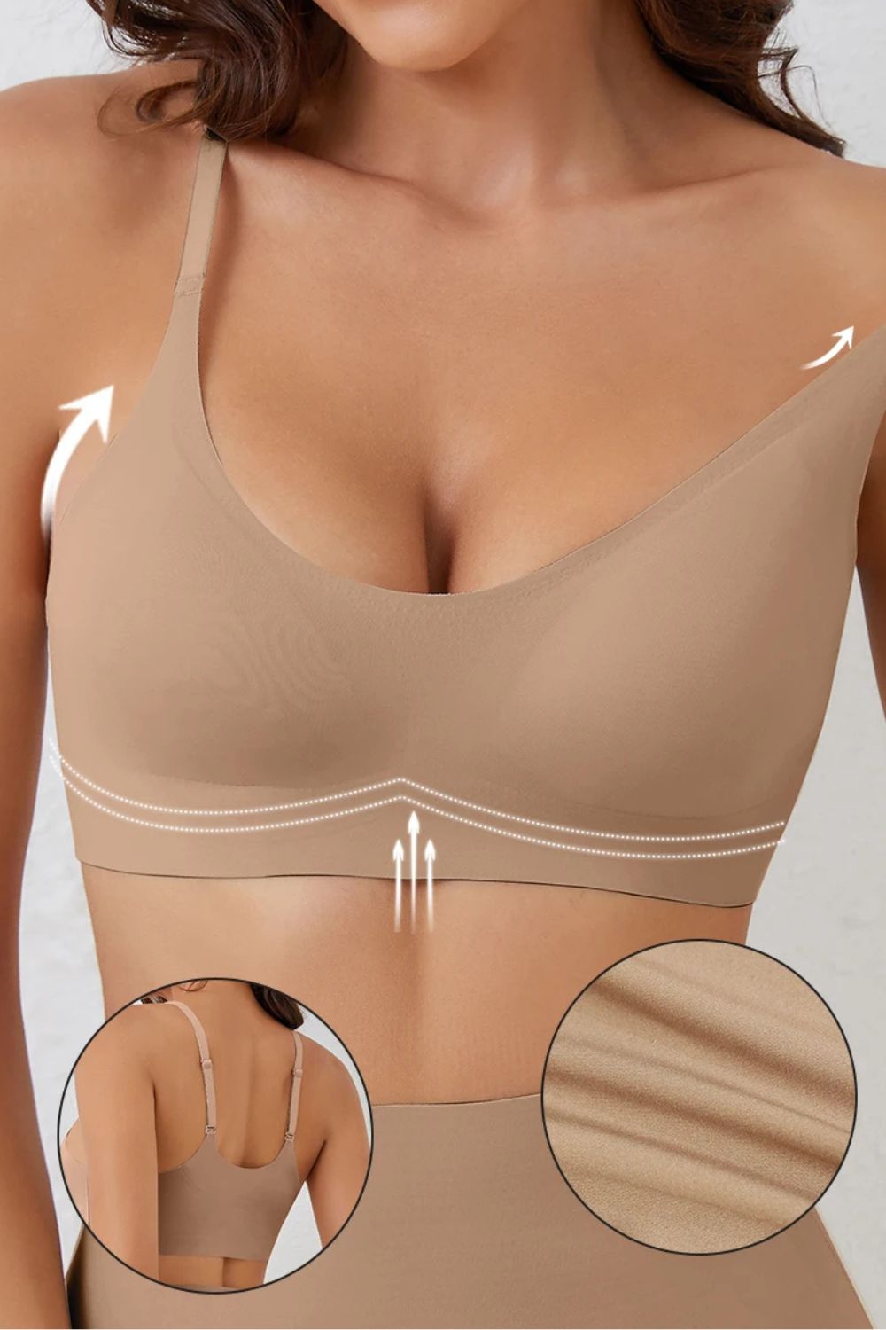 Soutien-gorge sans armature invisible beige, tissu lisse et découpe laser pour un rendu seconde peau sous les vêtements