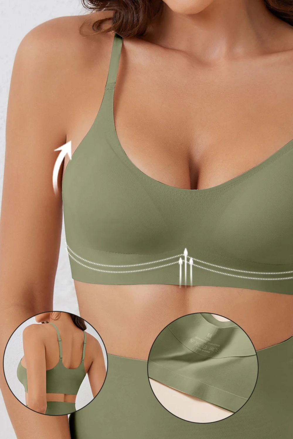 Soutien-gorge kaki sans armature invisible, finition sans coutures et bretelles anti-glisse pour un maintien en toute discrétion