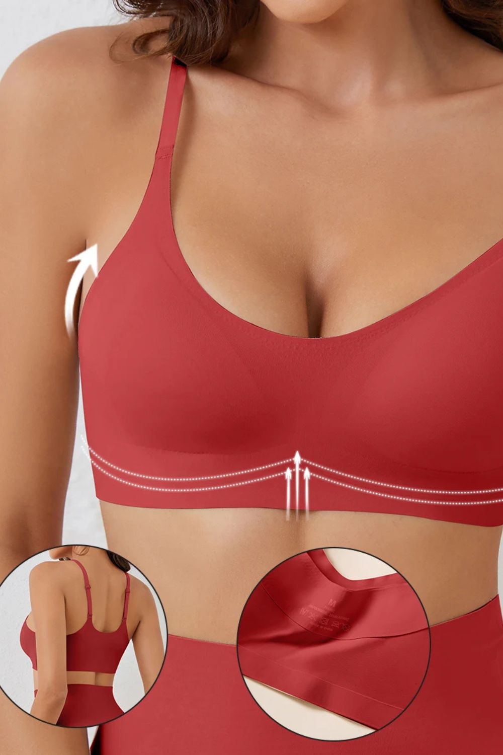 Soutien-gorge rouge sans armature invisible, matière douce et élastique avec col V pour une allure audacieuse