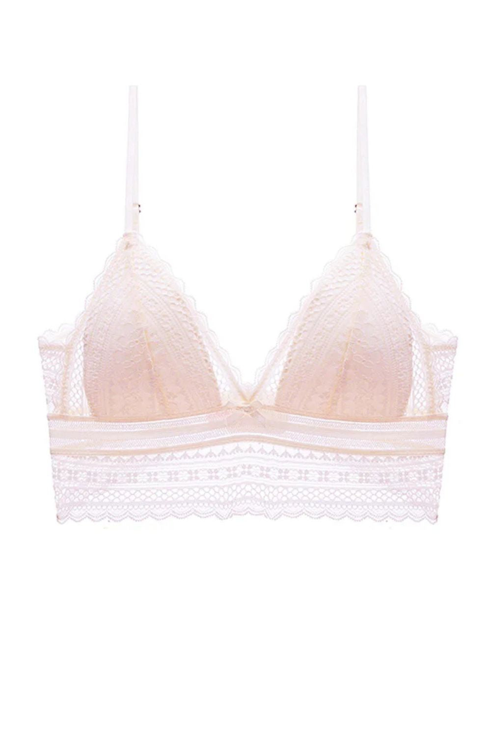 Soutien-gorge triangle rose poudré dos nu sans armature, push up subtil en dentelle pour un look délicat et féminin
