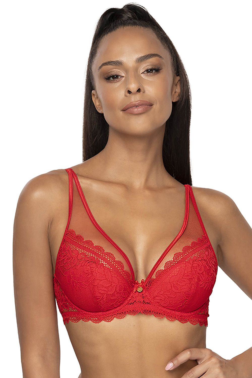 Soutien-gorge balconnet en dentelle rouge sexy pour un look élégant, avec des détails raffinés et confort optimal.