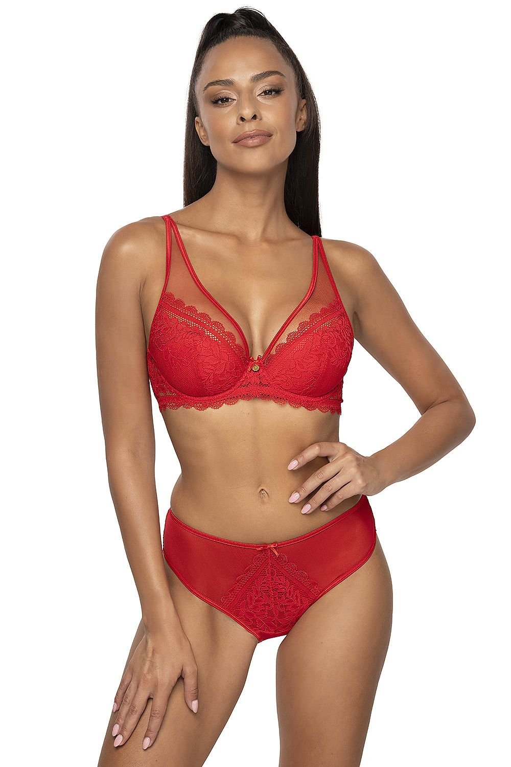 Soutien-gorge balconnet rouge en dentelle sexy pour look féminin et audacieux, modèle élégant et tendance.