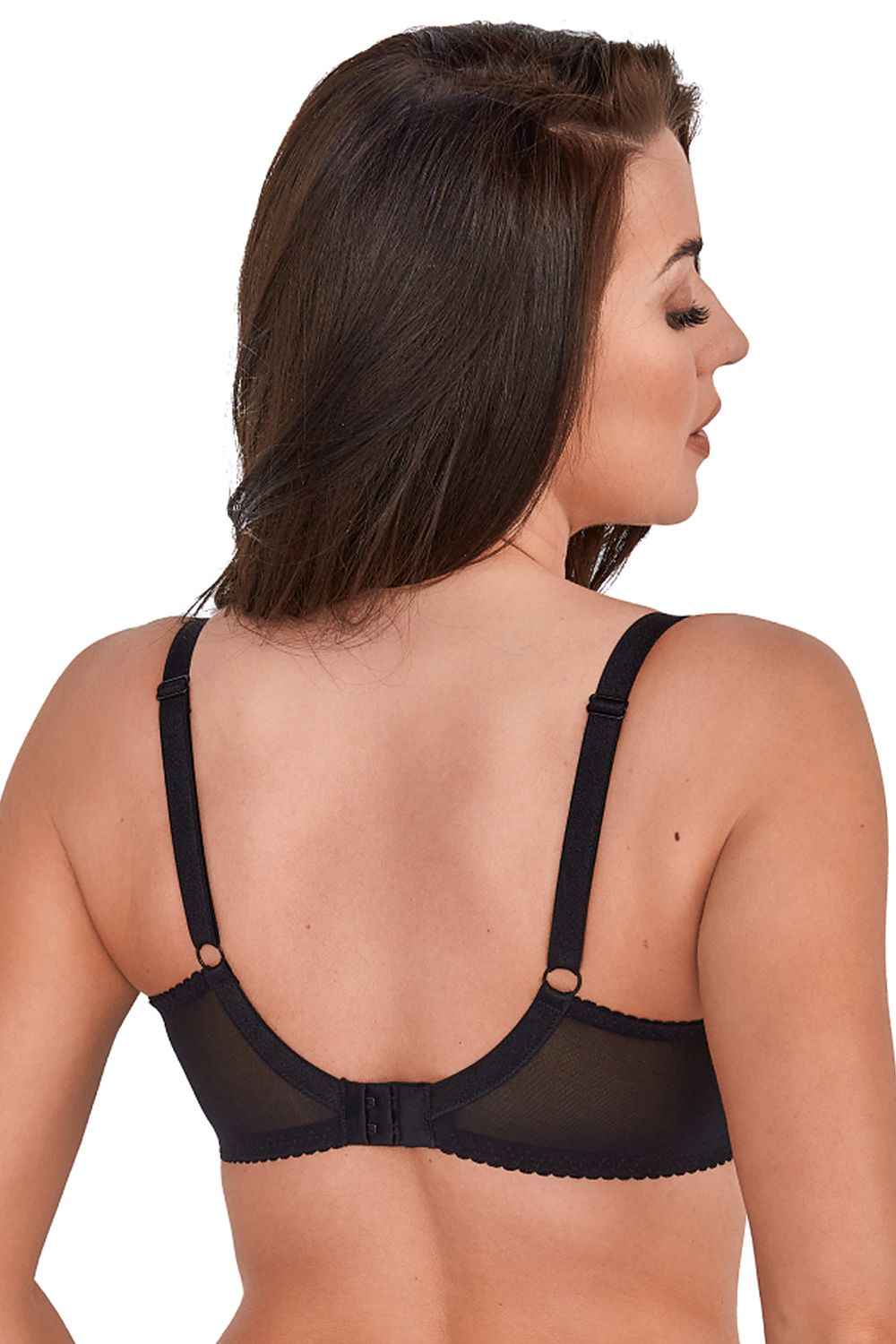 Soutien-gorge balconnet minimiseur en dentelle noire avec détail bijou et bretelles ajustables pour un look élégant et confortable.