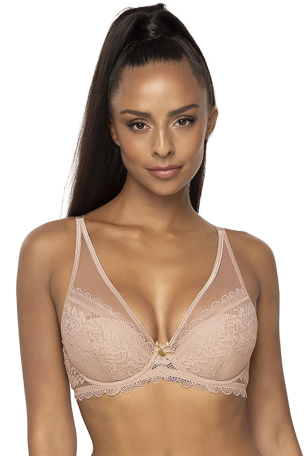 Soutien-gorge balconnet beige en dentelle sexy avec petite décoration dorée, élégant et féminin pour tous les jours.