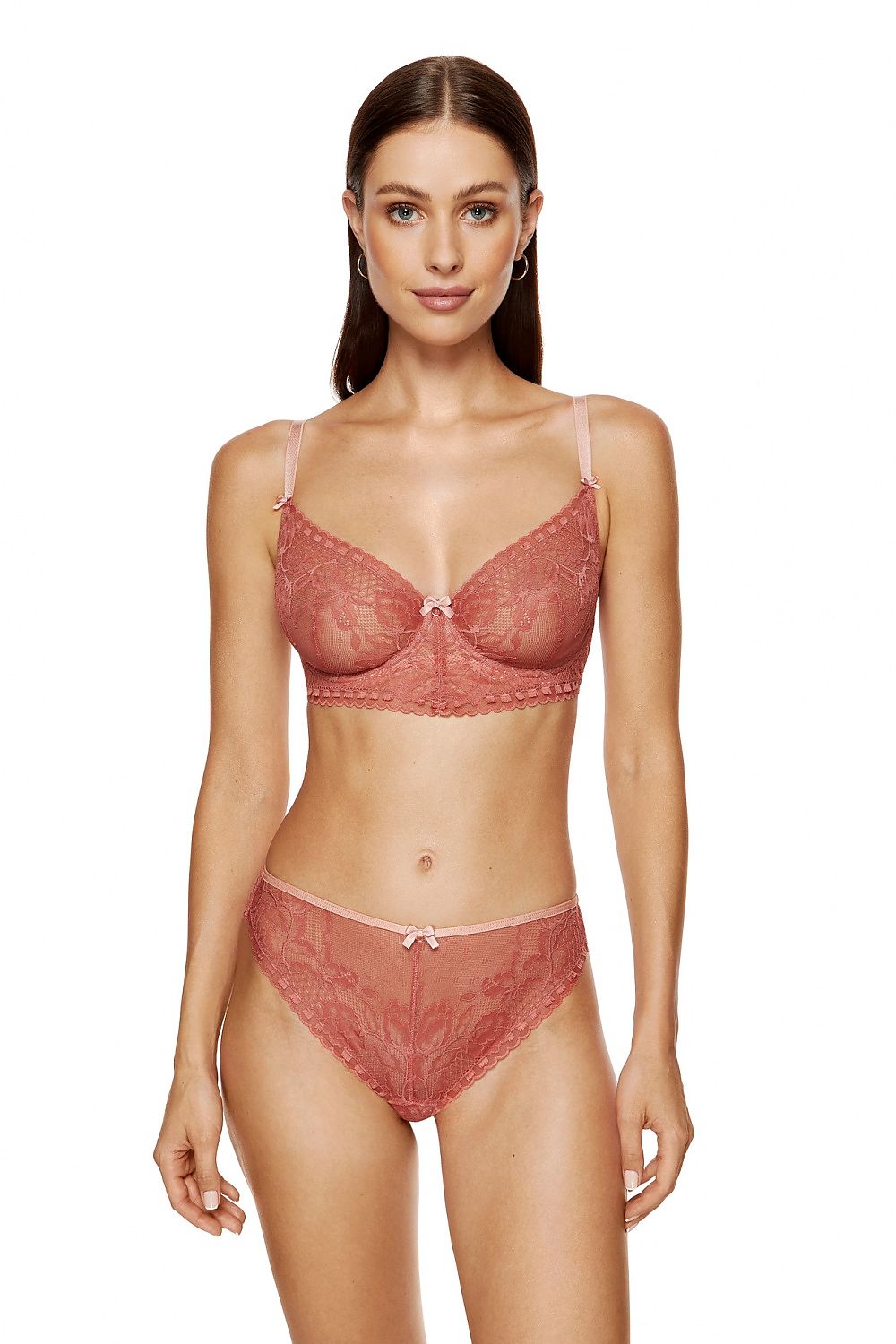 Femme en Soutien-gorge baleine triangle minimiseur bustier confortable en dentelle rose sexy, idéal pour une silhouette élégante.