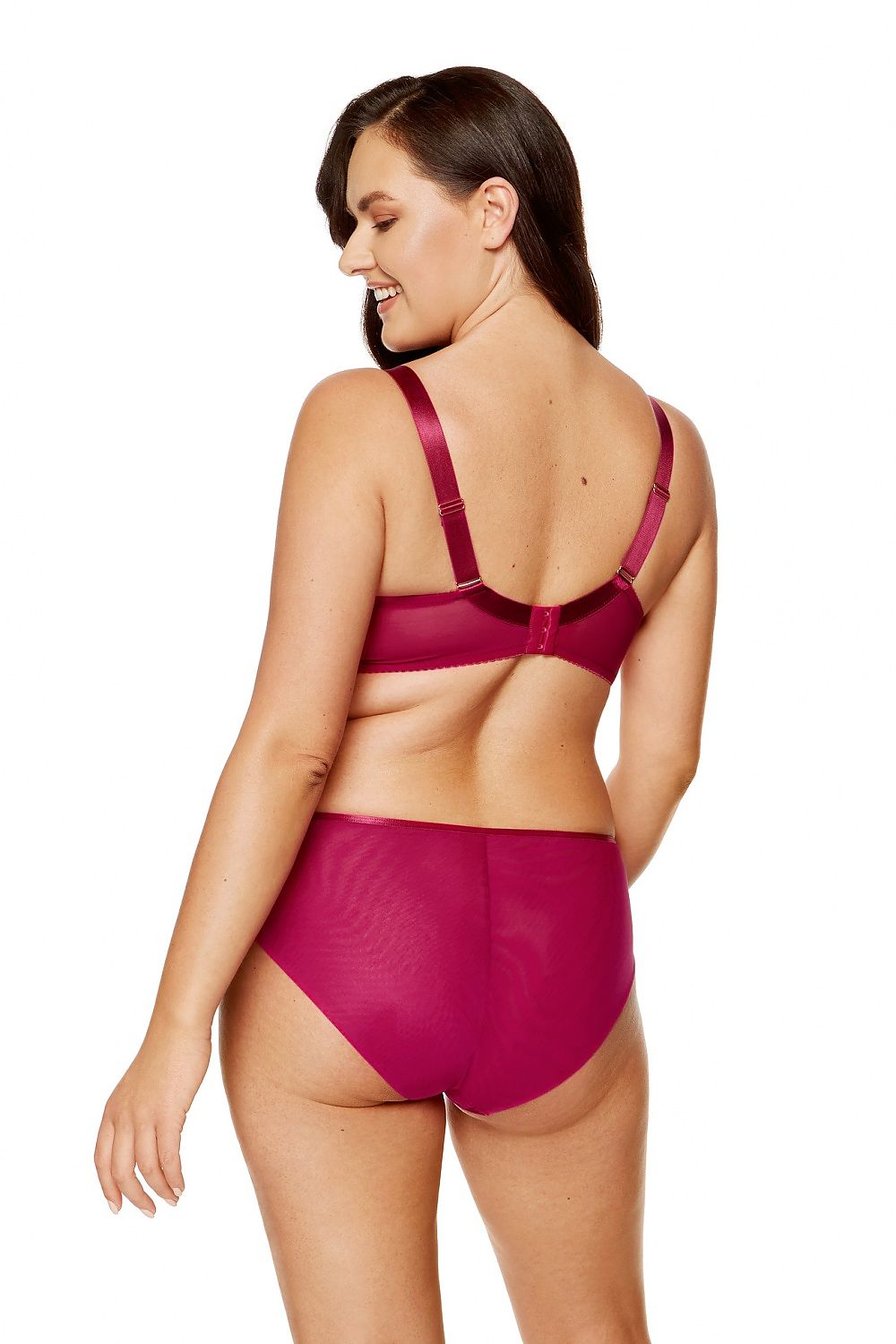 Femme de dos en soutien-gorge corbeille brodé rose foncé grande taille, invisible, élégant et confortable pour un maintien optimal.