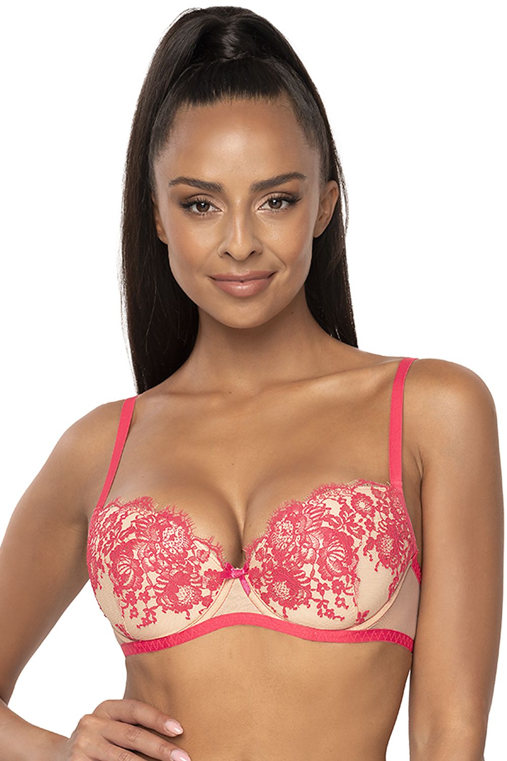 Soutien-gorge push-up rose en dentelle avec bretelles ajustables pour un confort et style élégants.