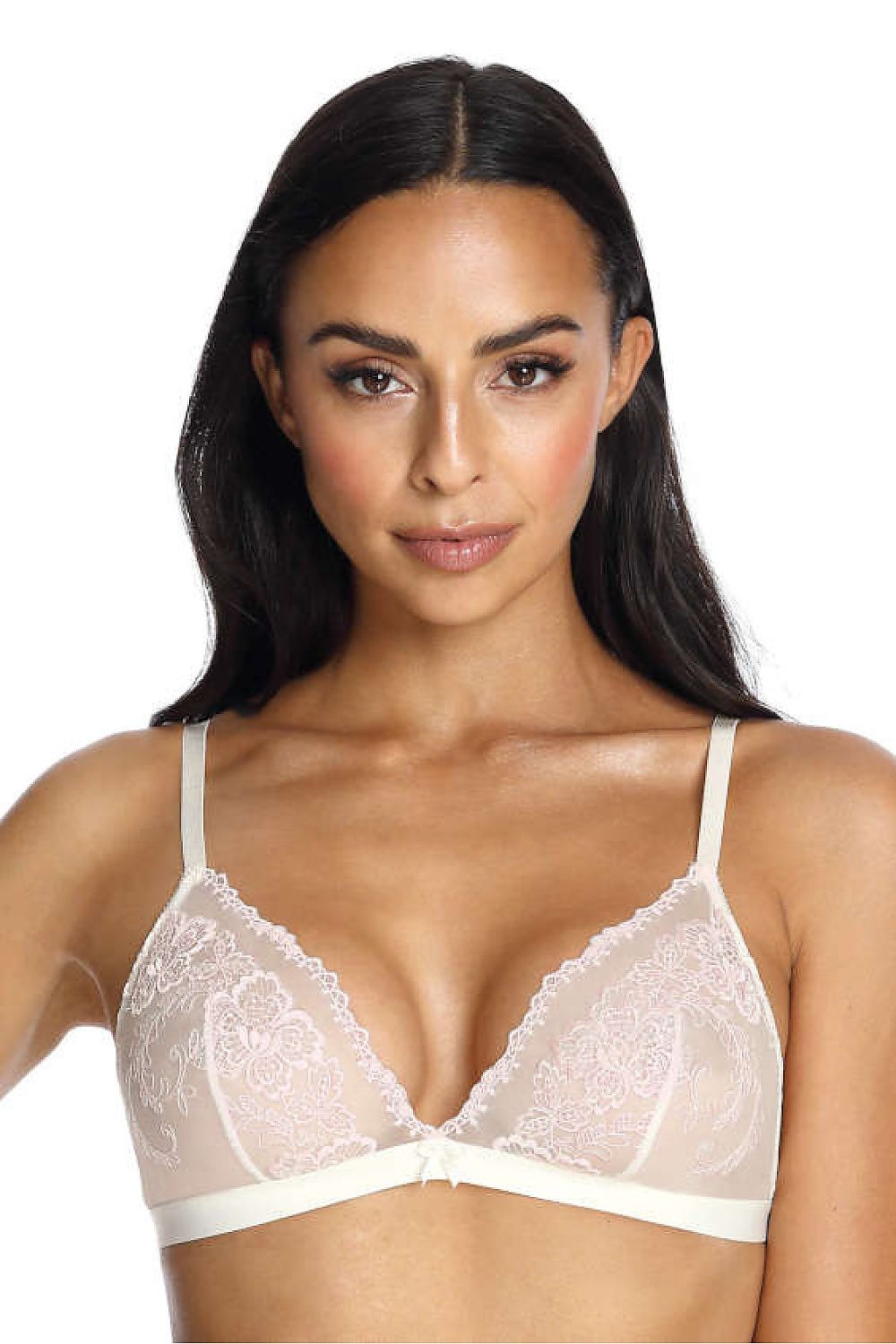 Soutien-gorge triangle sans armature blanc en tulle avec broderie florale délicate et bande élastique pour un confort optimal.