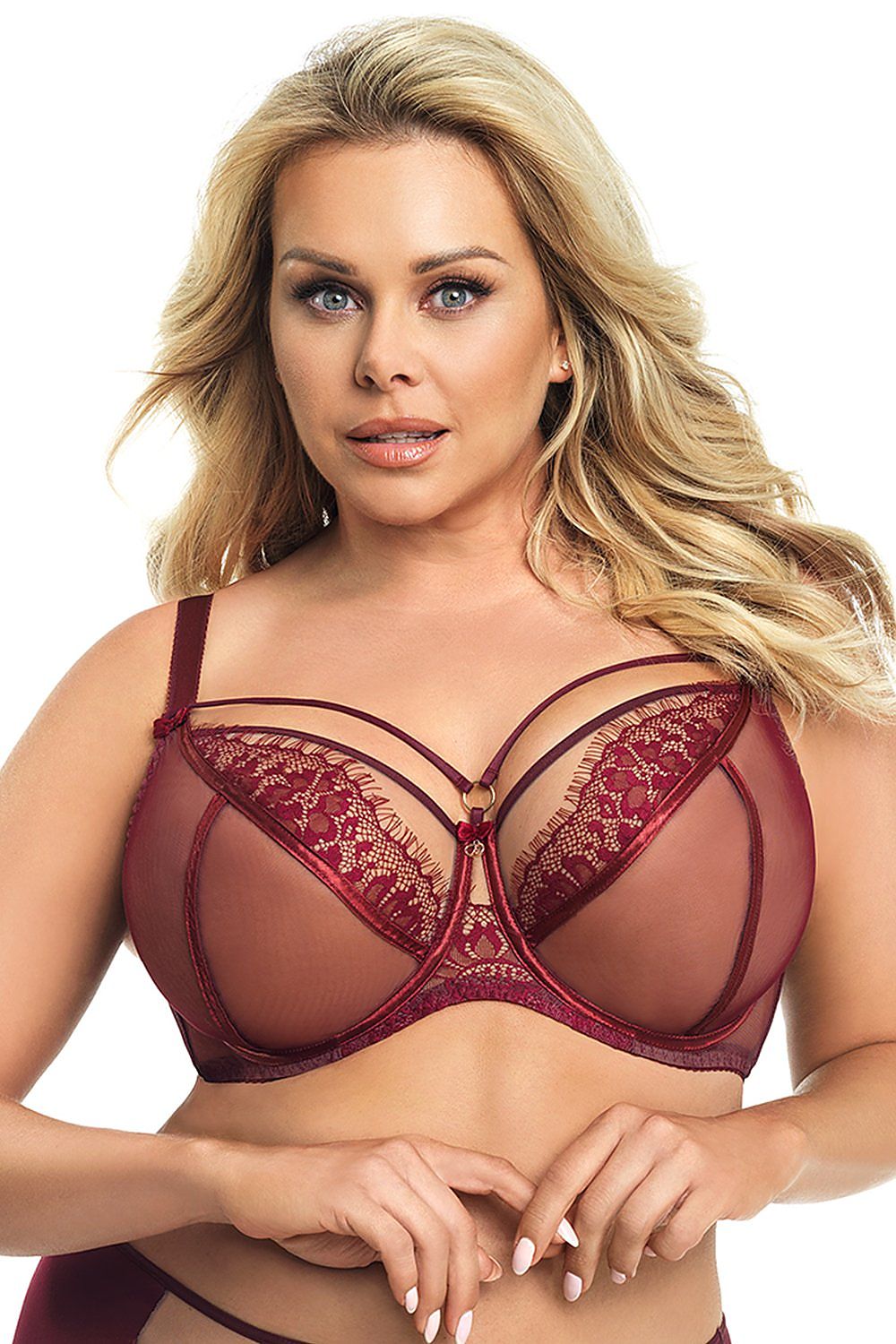 Soutien-gorge balconnet à armature en dentelle rouge pour grande taille, design élégant et confortable.