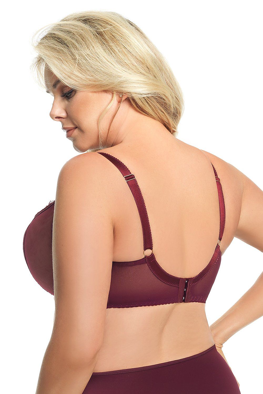 Soutien-gorge balconnet à armature en dentelle bordeaux, élégant et confortable pour grande taille - tendance et féminin.