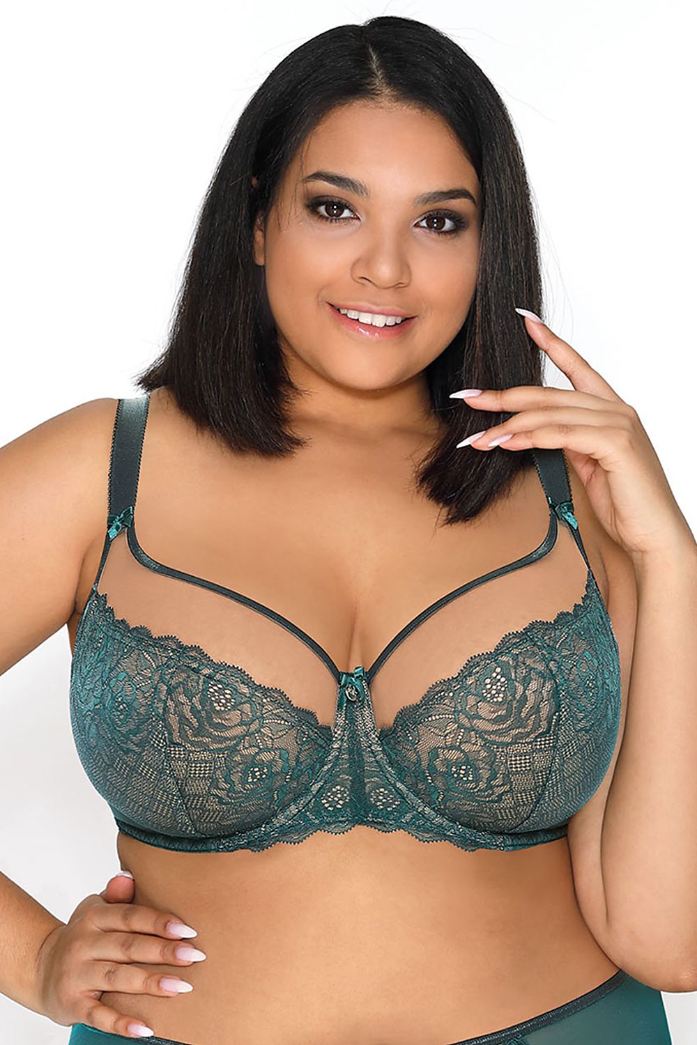 Soutien-gorge sexy en dentelle verte grande taille avec design triangle et détails charmants.