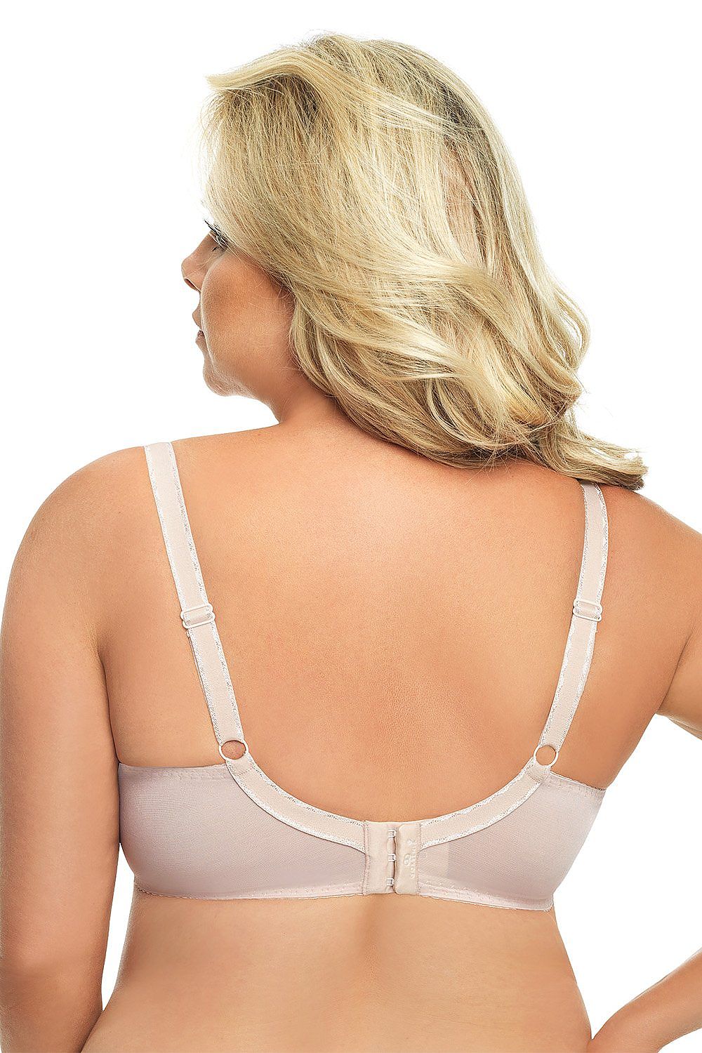 Soutien-gorge d'allaitement grande taille en dentelle beige avec armature pour un confort optimal.