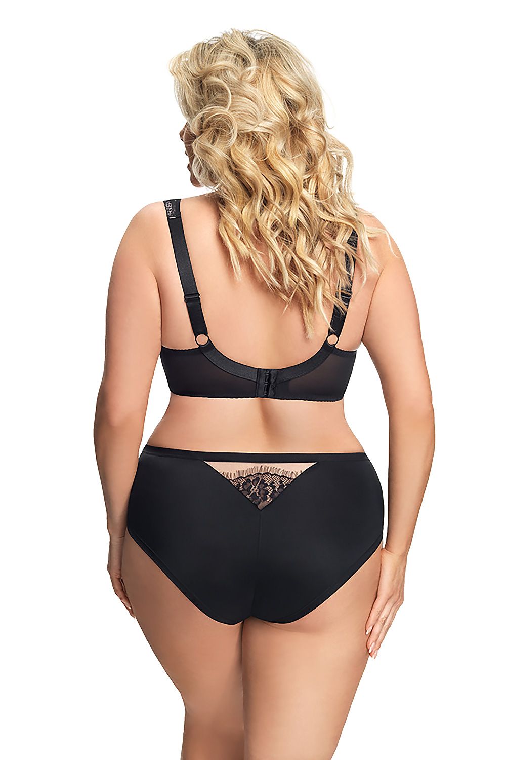 Soutien-gorge balconnet noir vu de dos avec détails en dentelle, adapté aux grandes tailles, design confortable et élégant.