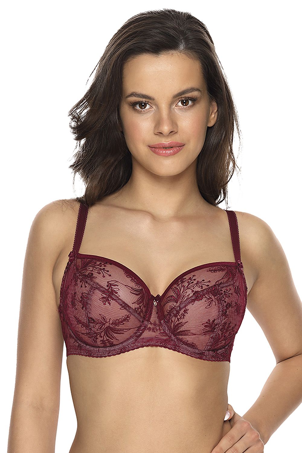 Soutien-gorge balconnet minimiseur brodé en dentelle avec armature couleur bordeaux pour un look élégant et sexy.