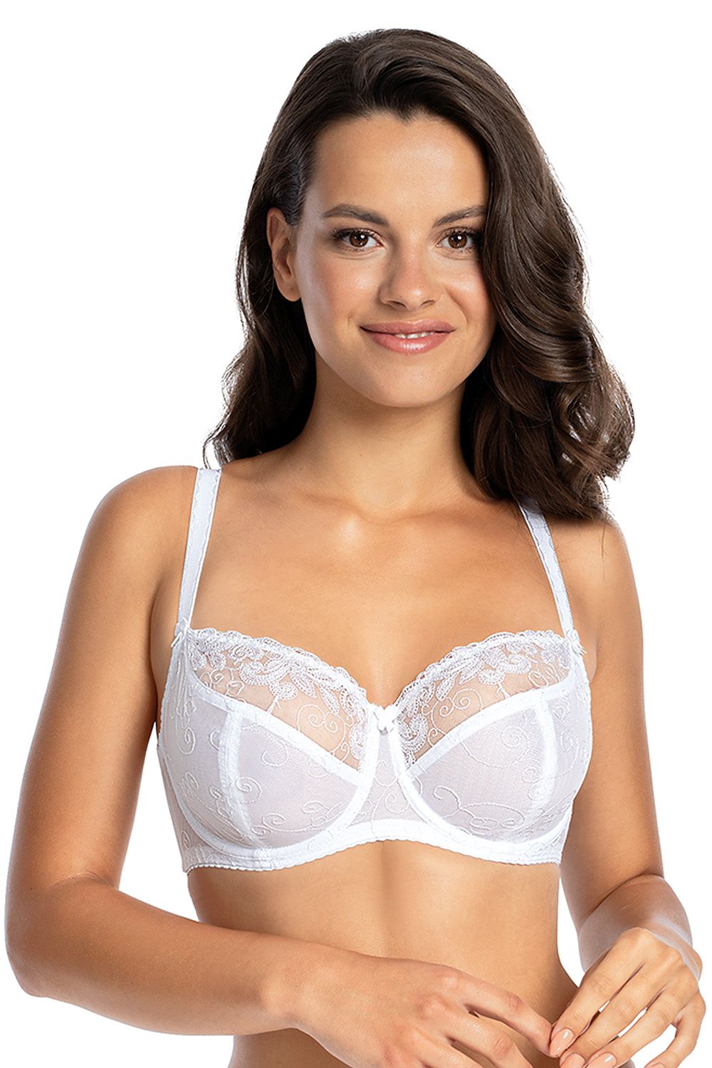 Soutien-gorge balconnet blanc brodé grande taille, élégant et féminin pour un confort optimal.