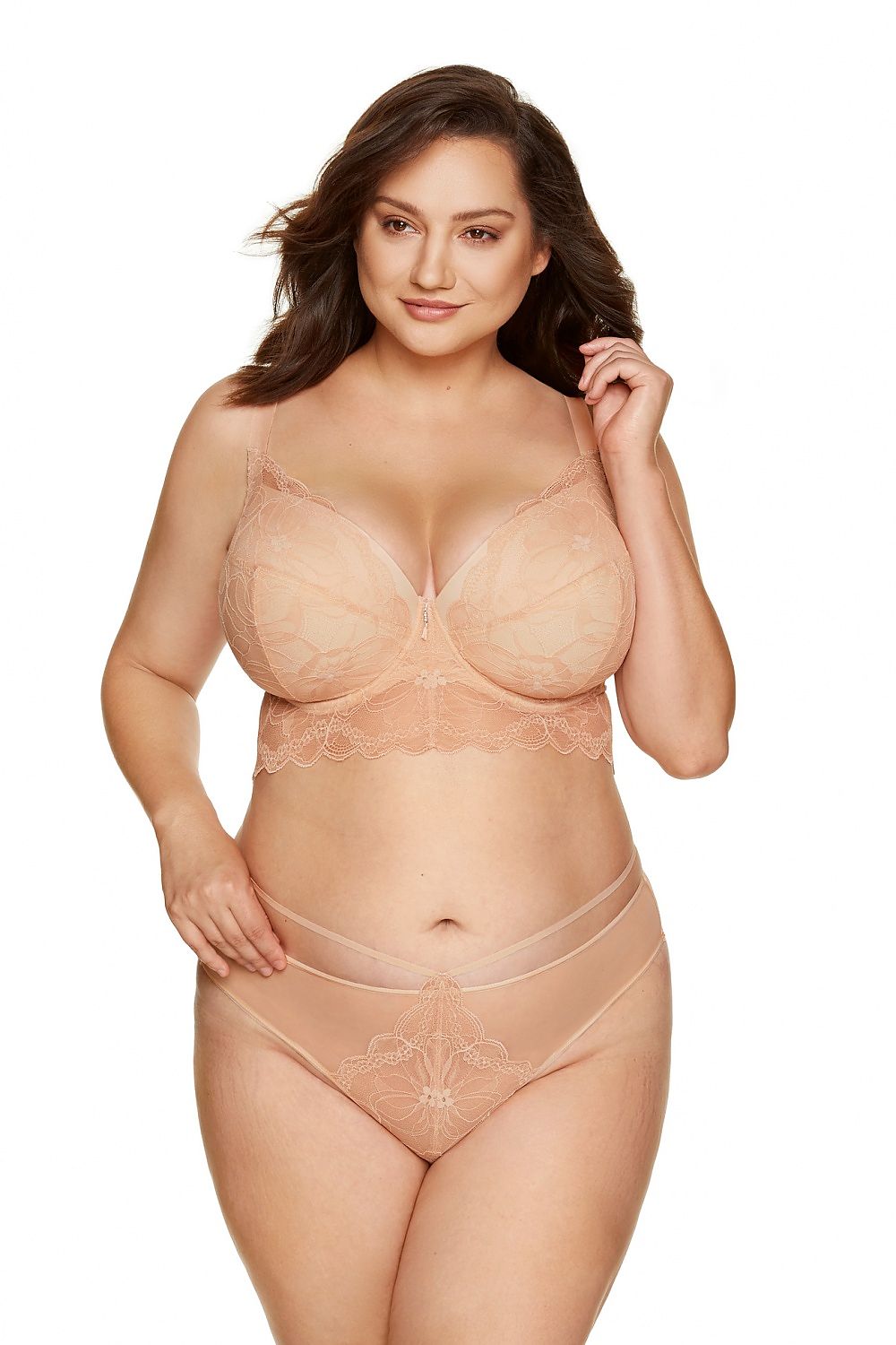 Soutien-gorge balconnet beige en dentelle rembourré, pour un look élégant et confortable, idéal pour valoriser la silhouette.