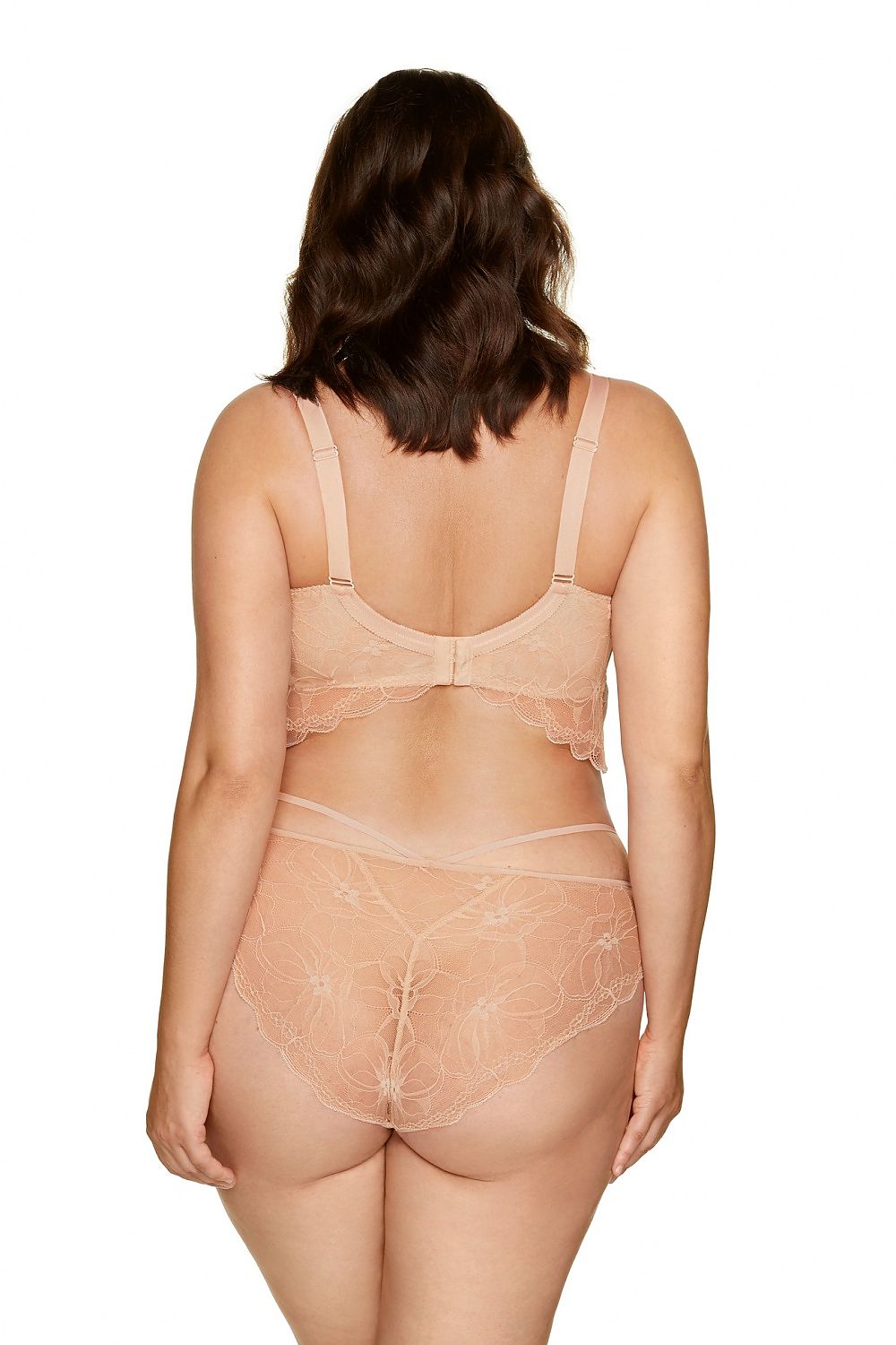 Soutien-gorge balconnet beige en dentelle avec rembourrage, élégant et confortable pour un soutien optimal.