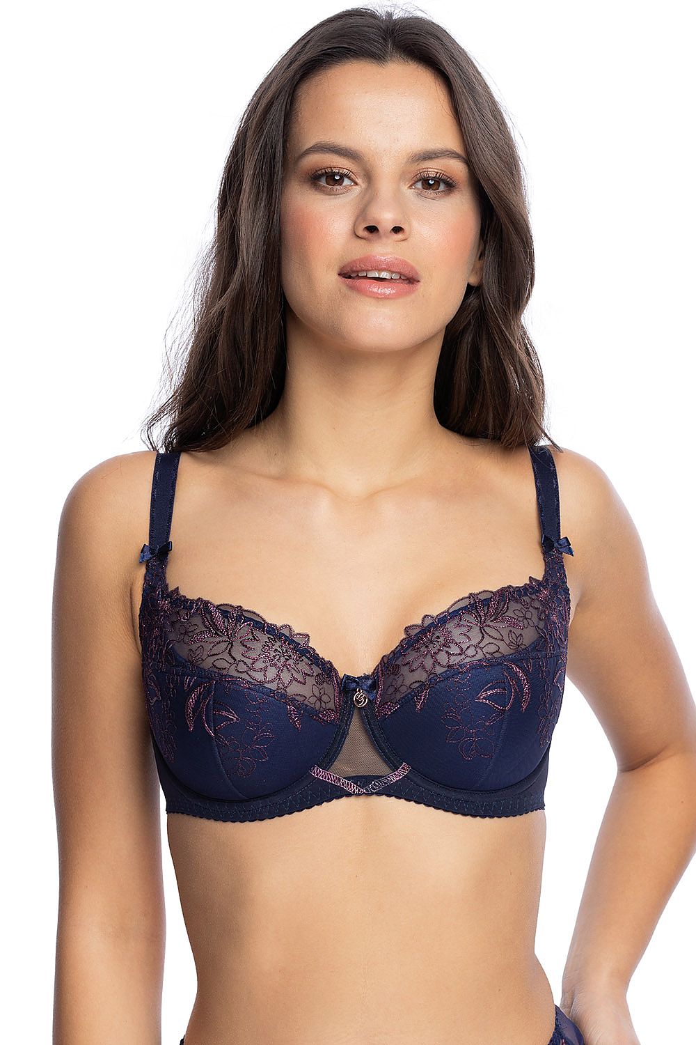 Soutien-gorge balconnet brodé bleu marine rembourré et ajustable pour un confort et un soutien élégants.