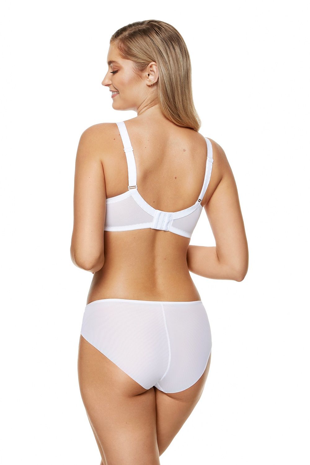 Femme blonde de dos en soutien-gorge blanc balconnet corbeille avec armature et dentelle